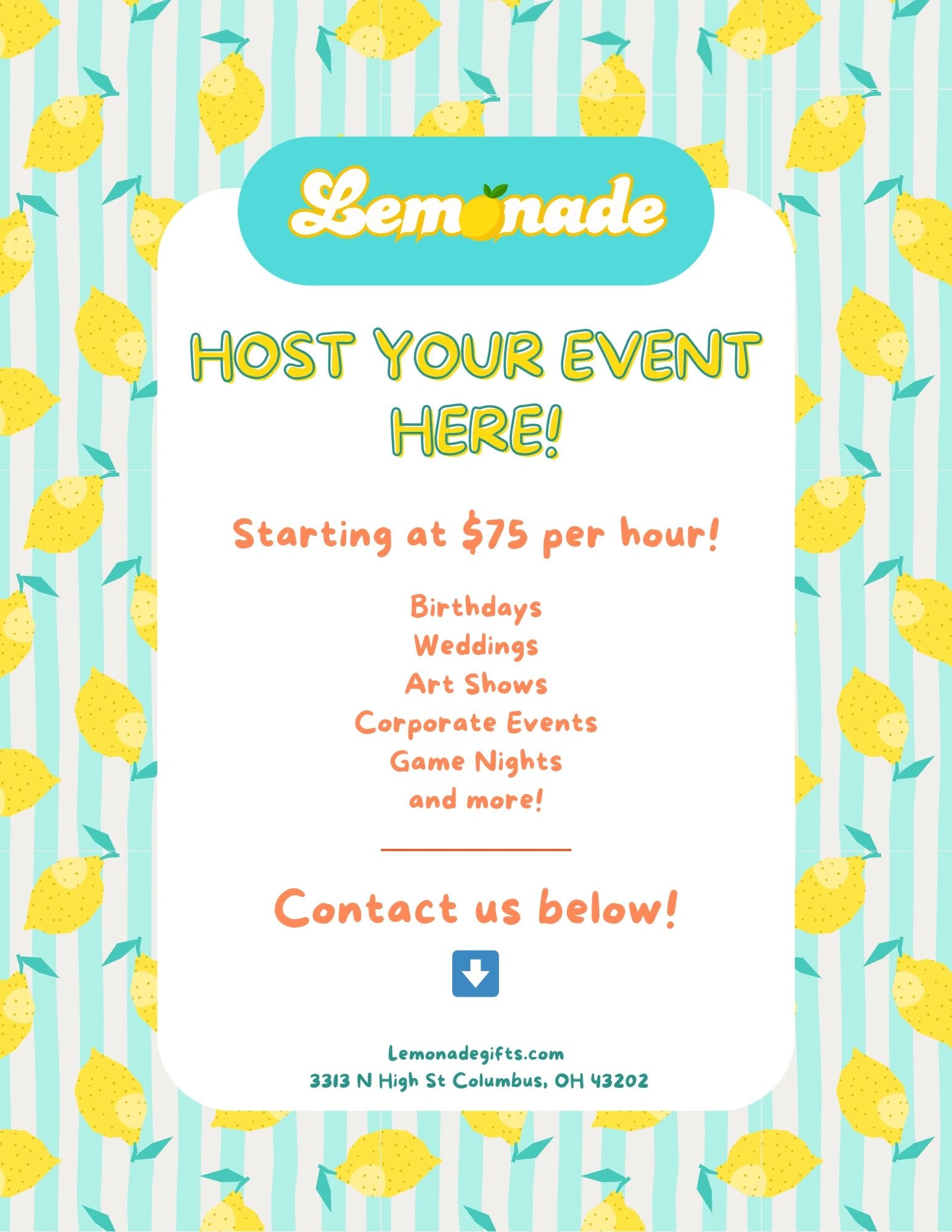 Host your event at Lemonade Gifts — starting at $75 per hour