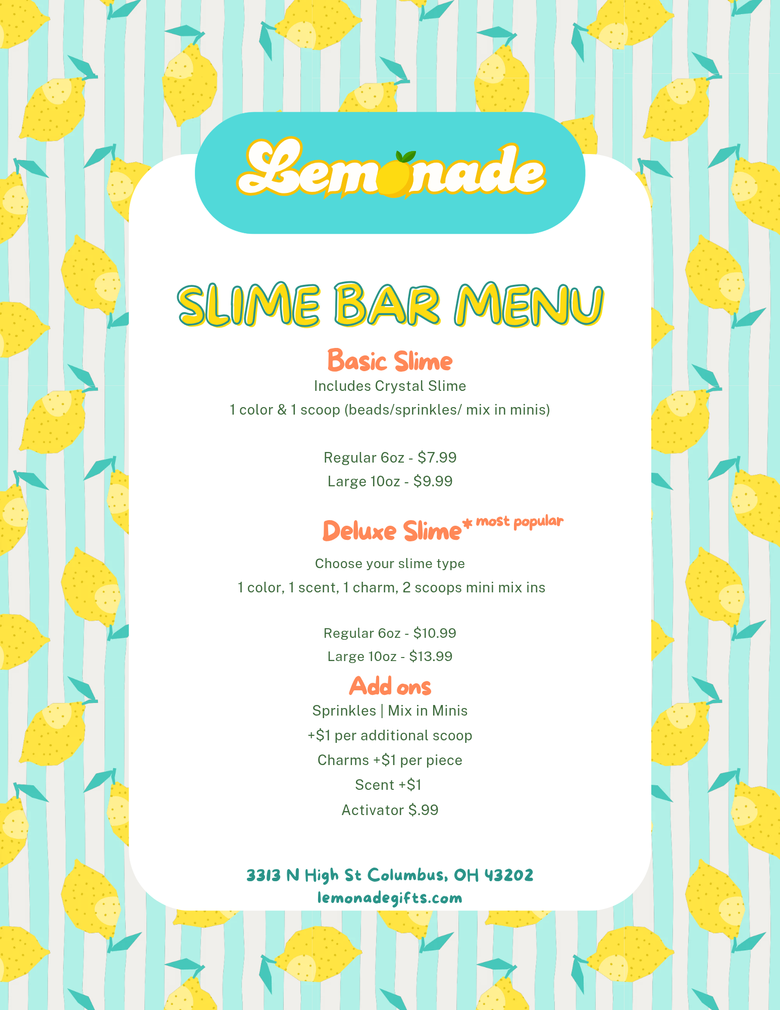 Lemonade Gifts slime bar menu — Basic Slime and Deluxe Slime options with pricing