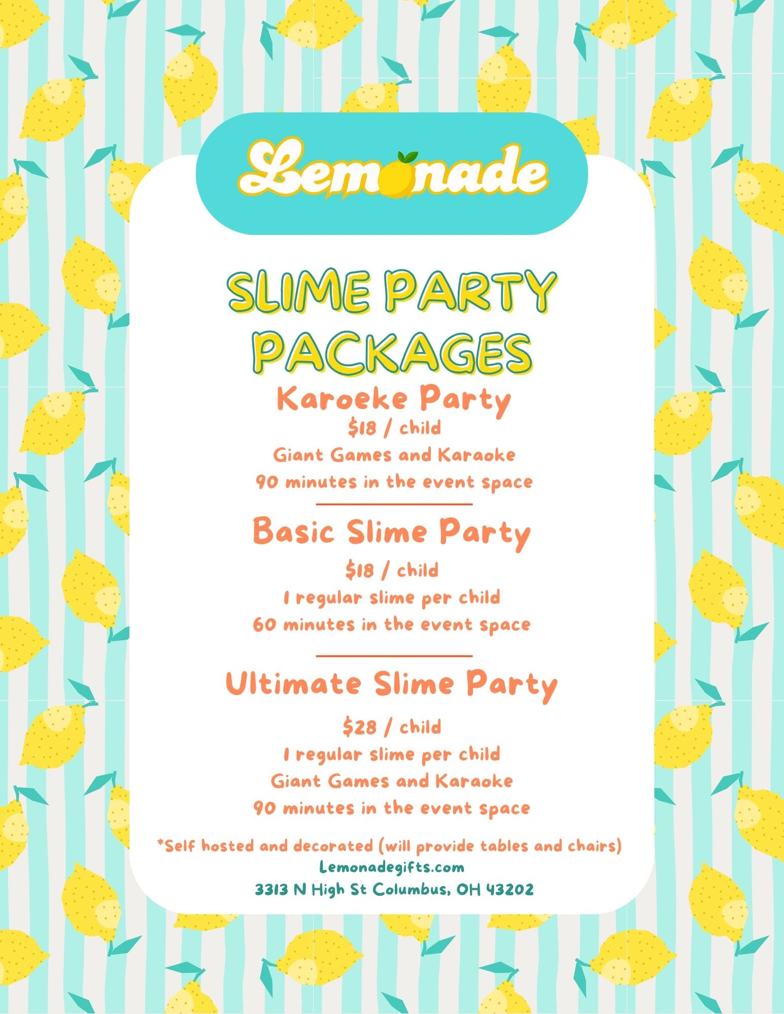 Lemonade Gifts slime party packages — Karaoke Party, Basic Slime Party, and Ultimate Slime Party